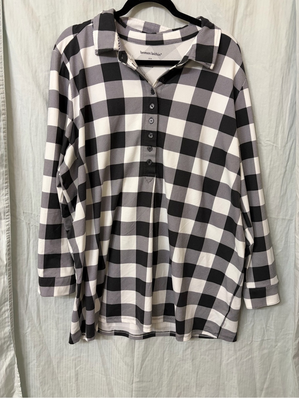 Woman Within Black and White Plaid Button-Front Top